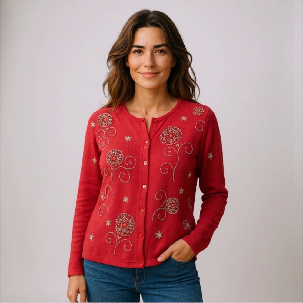 Talbots Vintage Embroidered Cottagecore Button Up Cardigan - Size M